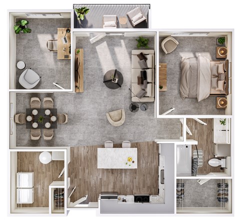 A series of images showing different layouts of a living room, kitchen, and dining area.